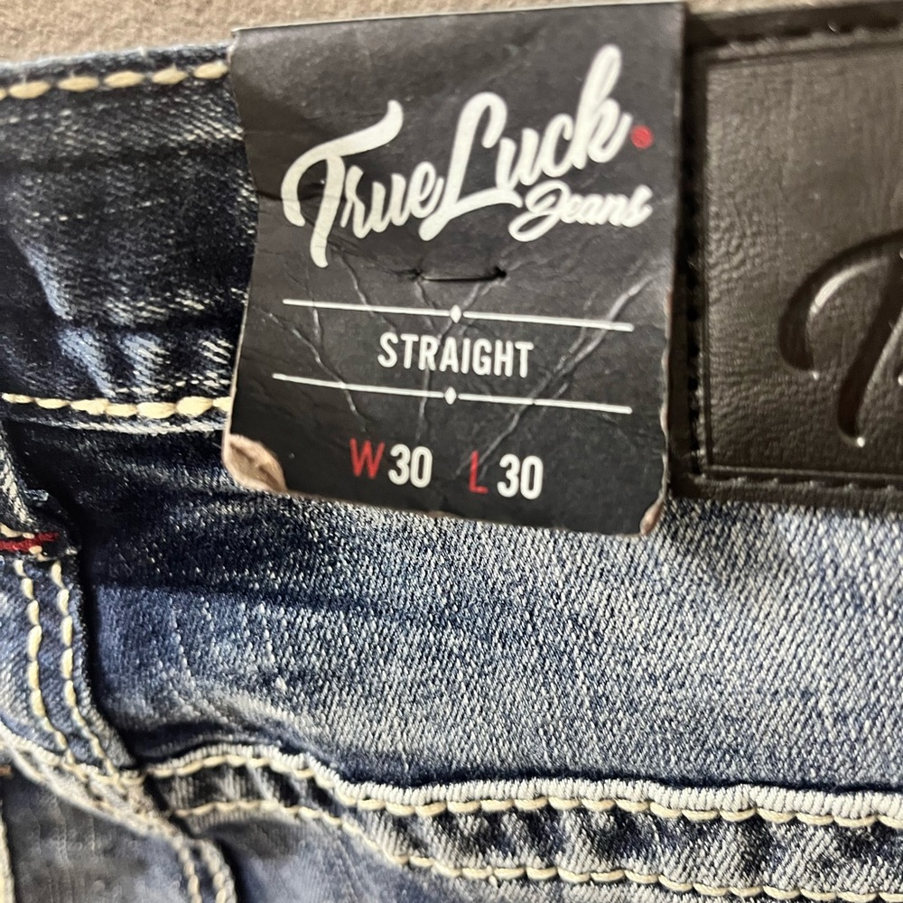 True Luck Men`s Jeans Straight Medium Wash S 30x30 NWT $60 Embroidered - Picture 7 of 8